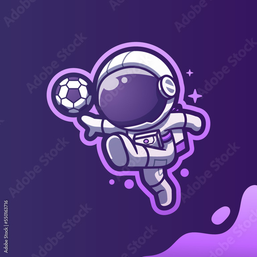 Cute Mascot Astronaut Playing Football Soccer Cartoon Vector Icon Illustration. Cartoon Vector Icon Illustration. Spaceman Mascot Cartoon Character. Flat Cartoon Style, sticker, and Card