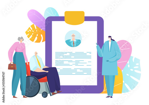 Professional woman doctor examination human, concept elderly health insurance policy flat vector illustration, isolated on white.