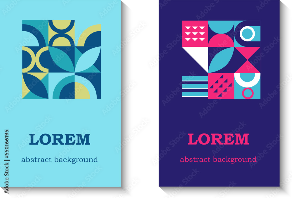 Set of templates with abstract Bauhaus style. Minimalistic set with circles, triangles and squares and other shapes. Vector illustration in modern style. Creative cover for magazine, posters or albums
