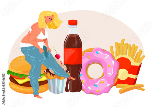 Plump woman character angry overweight, concept fast food addiction hamburger, french fries sweets flat vector illustration, isolated on white.