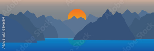 Vector. Mountain range landscape. Mountains on the river. Sunset. 