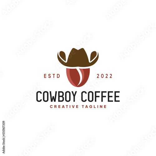Cowboy logo with coffee bean on face for street food company, cafe or restaurant.