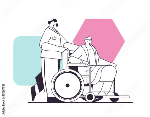 helper taking care of senior disabled patient nurse pushing wheelchair care service concept