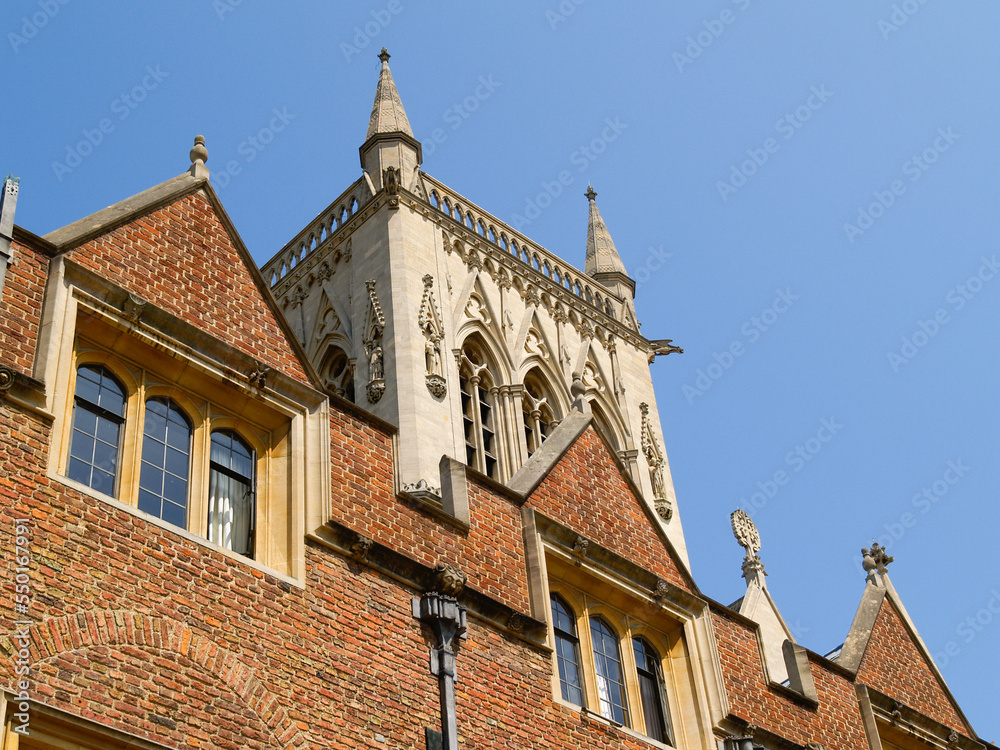 Upper facade gable and tower of Second Court and Chapel, St John’s College, Cambridge, UK