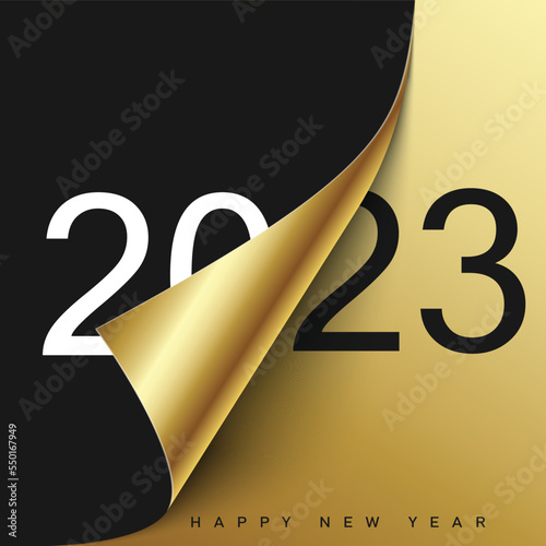 2023 Happy New Year greeting card with curled corner paper. Vector