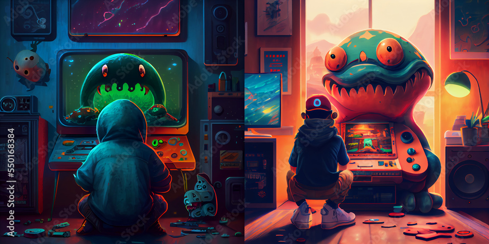 Kids playing video game gamers children in game the alien in the