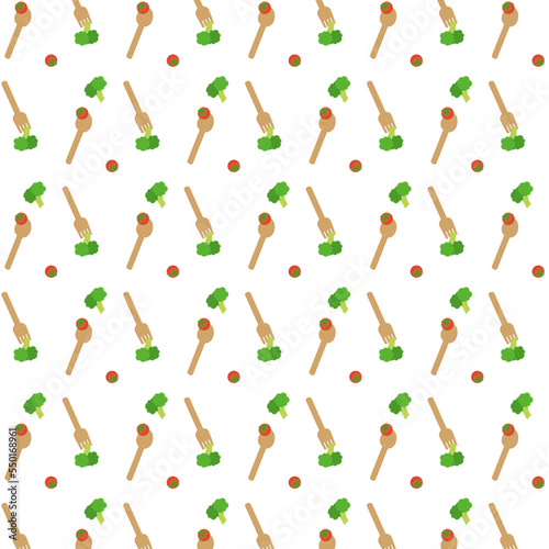スプーン・フォーク・プチトマト・ブロッコリーイラストのパターン白背景