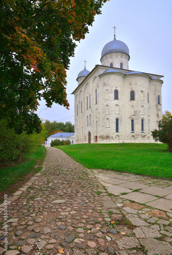 St. George's Cathedral of the St. George Monastery. The path to the ancient monument of the XII century. Veliky Novgorod, Russia, 2022