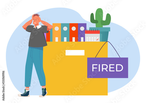 Dismissed employee tiny male character  human resources fired job loss  rejected specialist flat vector illustration  isolated on white.