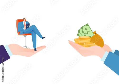 Businessman character sitting office chair get labor salary, hand hold money dollar cash and coin flat vector illustration, isolated on white.