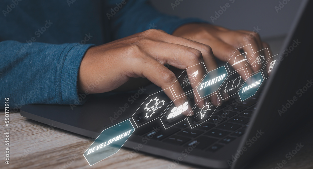 Businessman startup training by computer laptop with icon network connection. Businessman startup training by computer laptop with icon network connection.