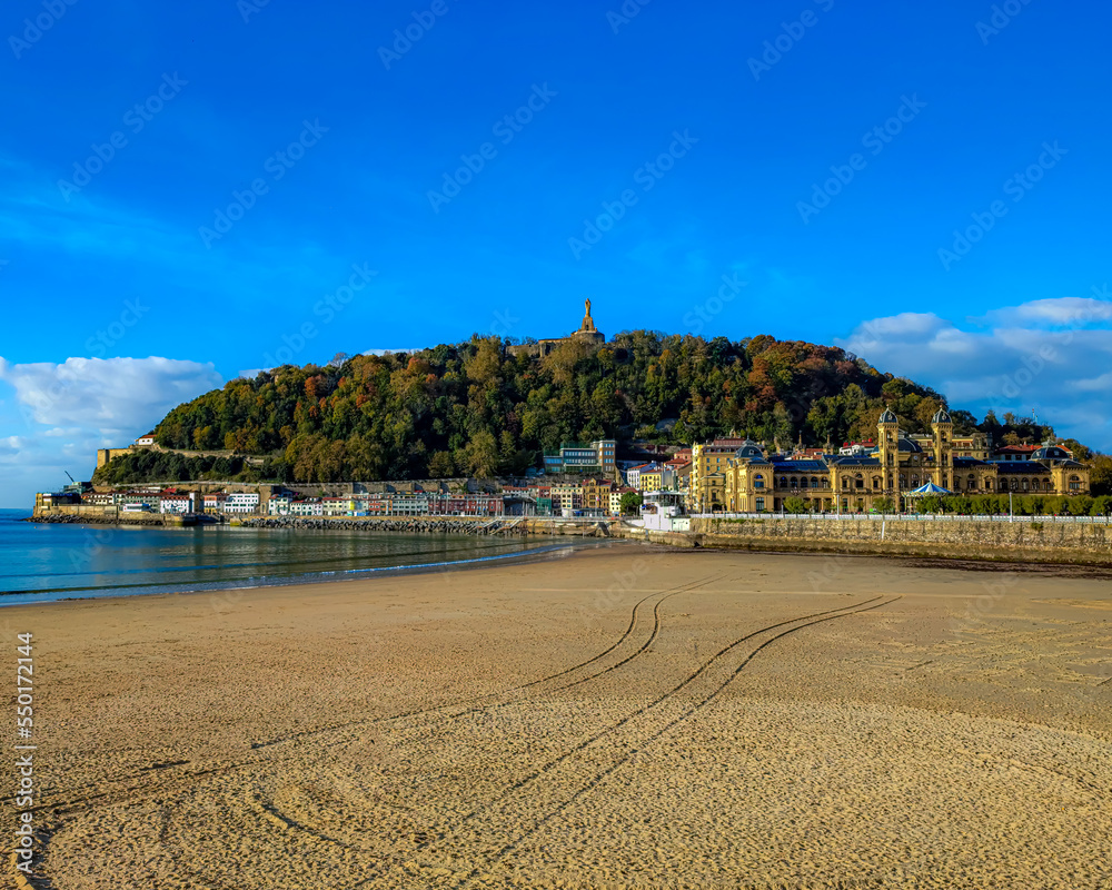 Fototapeta premium Beach view to Urgull in San Sebastian Spain.