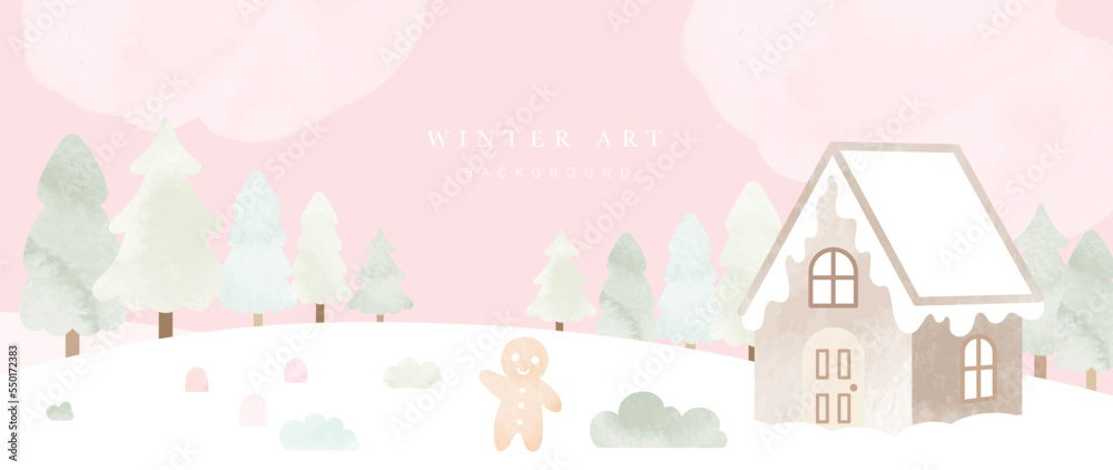Watercolor winter art background vector illustration. Hand painted decorative winter landscape, snow, house, gingerbread man, pine trees. Design for print, decoration, poster, wallpaper, banner.