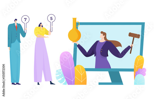 Modern technology online auction house, tiny character hold tablet, remote public tender flat vector illustration, isolated on white.