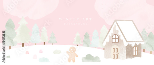 Watercolor winter art background vector illustration. Hand painted decorative winter landscape, snow, house, gingerbread man, pine trees. Design for print, decoration, poster, wallpaper, banner.
