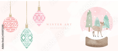 Watercolor winter art background vector illustration. Hand paint decorative christmas baubles, snow crystal ball with deer and pine trees. Design for print, decoration, poster, wallpaper, banner.
