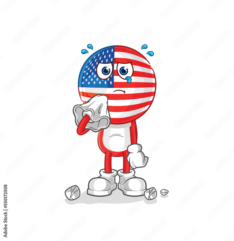 america cry with a tissue. cartoon mascot vector