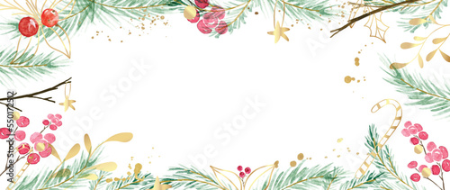 Watercolor winter art background vector illustration. Hand painted decorative winter leaf branch, berry, pine leaves, gold star, candy cane. Design for print, decoration, poster, wallpaper, banner.