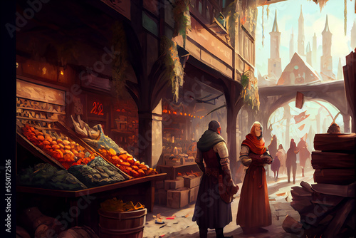 Fantasy market with people looking for goods