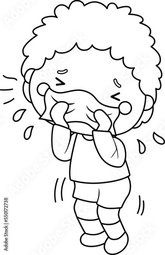 a vector of a boy sneezing in black and white coloring