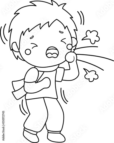a vector of a boy coughing in black and white coloring