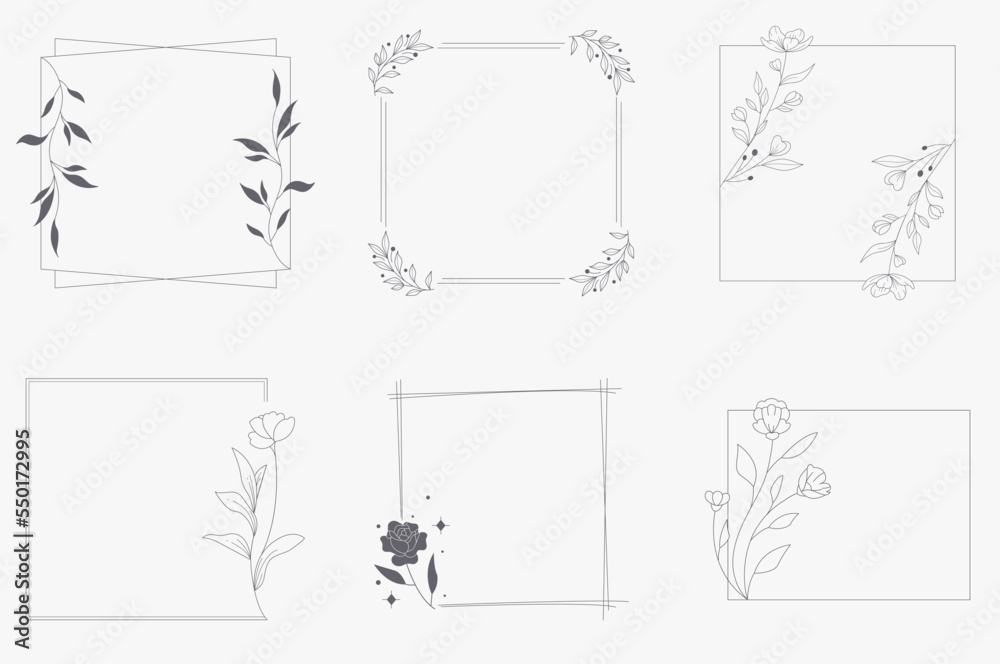 Floral and square hand drawn style. Floral black and white frame of twigs, leaves and flowers. Frames for the Valentine's day, wedding decor, logo and identity template.