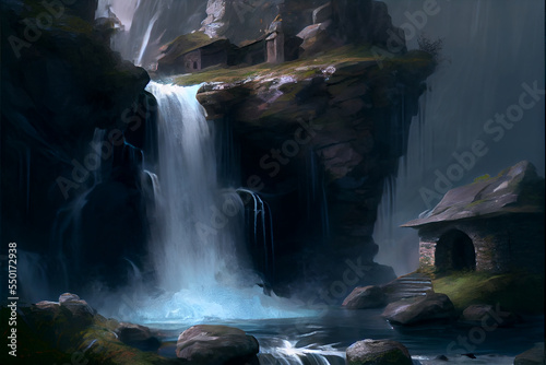Fantasy waterfall in an unknown realm  fantasy artwork