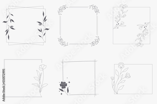 Floral and square hand drawn style. Floral black and white frame of twigs  leaves and flowers. Frames for the Valentine s day  wedding decor  logo and identity template.