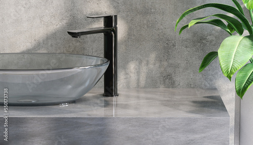 Modern and luxury concrete bathroom vanity with white glass washbasin, black faucet in dappled sunlight from window, leaf shadow on cement wall for personal and toiletries product display background