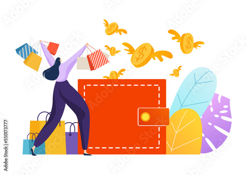 Modern concept money overspend, woman character shopaholic cheerful overconsumption spend cash flat vector illustration, isolated on white. photo