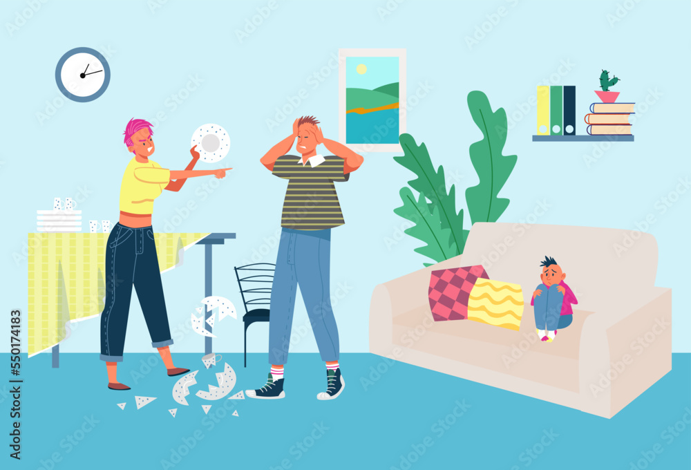 Social family problem parent argue, little children scare parentage scream, personal showdown scandal flat vector illustration. Social family problem parent argue, little children scare parentage scream, personal showdown scandal flat vector illustration.