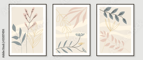 Botanical leaf branch wall art set vector. Abstract hand drawn tropical plant and foliage line art background. Design illustration for print, wall decor, home decoration, poster, wallpaper, banner.