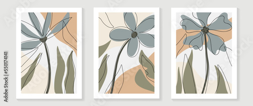 Botanical leaf branch wall art set vector. Abstract hand drawn tropical plant and foliage line art background. Design illustration for print, wall decor, home decoration, poster, wallpaper, banner.