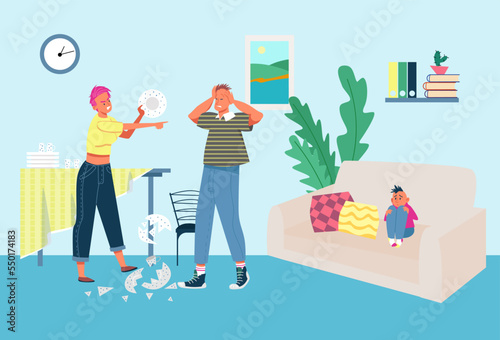 Social family problem parent argue, little children scare parentage scream, personal showdown scandal flat vector illustration.