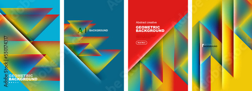 Set of abstract backgrounds - overlapping triangles with fluid gradients design. Collection of covers, templates, flyers, placards, brochures, banners