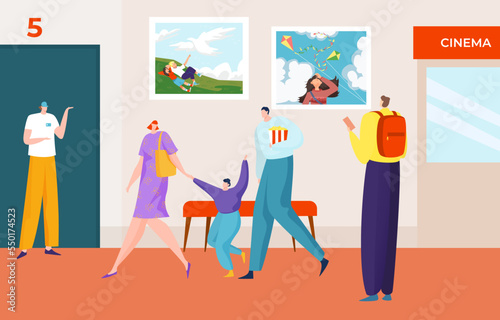 Group of character people together go movie theater world premiere  cinema cheerful family time spend flat vector illustration.