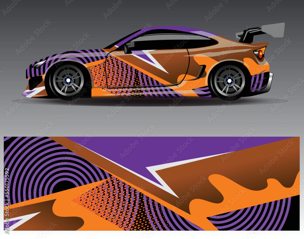 Fototapeta premium Car wrap design vector. Graphic abstract stripe racing background kit designs for wrap vehicle race car rally adventure and livery