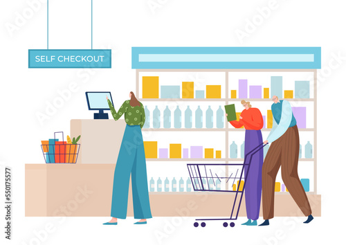 Self service supermarket cashier, group of people character self checkout queue flat vector illustration, isolated on white.