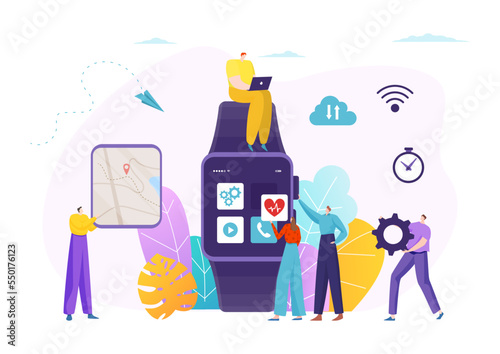 Modern technology smart watch application development, tiny programmer character develop app flat vector illustration, isolated on white.
