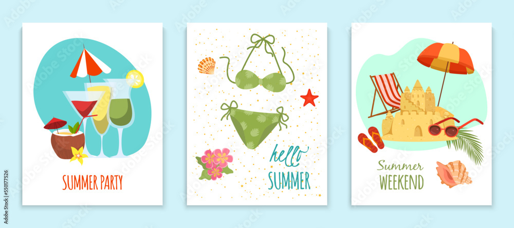 Summer weekend party element card set, hot country tropical beach vacation flat vector illustration, foreign travel recreation season.