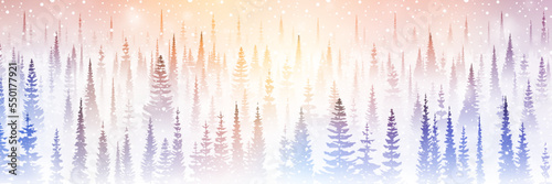 Dreamy winter forest, snowfall and bokeh effect, bright holiday background, panoramic view, vector illustration