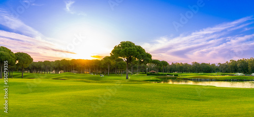 Panorama of dawn over the grass of a golf course with a lone tree in the foreground Belek Turkey