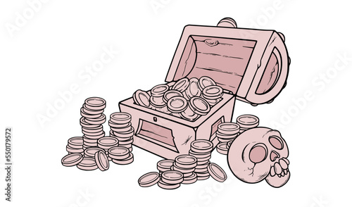 Open treasure chest with golden coins and skull. Wooden chest with money for games. Vector illustration isolated in white background