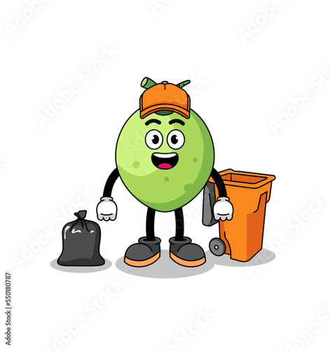 Illustration of coconut cartoon as a garbage collector