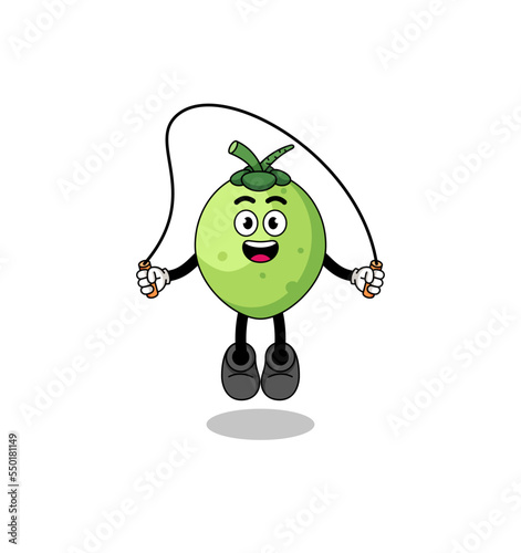 coconut mascot cartoon is playing skipping rope