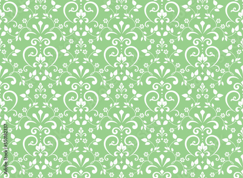 Wallpaper in the style of Baroque. Seamless vector background. White and green floral ornament. Graphic pattern for fabric, wallpaper, packaging. Ornate Damask flower ornament