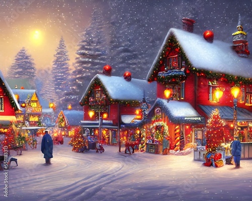 Houses decorated for Christmas, in a small town in the mountains