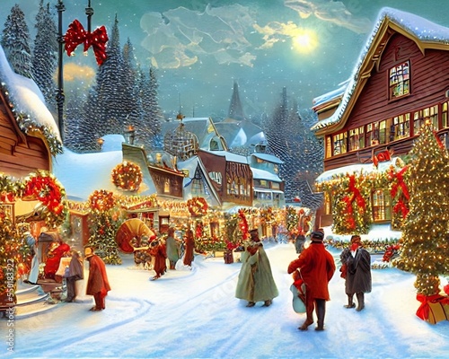 illustration of snowy houses, decorated for the Christmas celebration