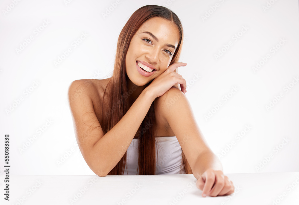 Woman, portrait and skincare with happy smile, cosmetics and face beauty, makeup and white studio background mockup. Latino model from brazil with cosmetics, skin care and self love or happiness Woman, portrait and skincare with happy smile, cosmetics and face beauty, makeup and white studio background mockup. Latino model from brazil with cosmetics, skin care and self love or happiness