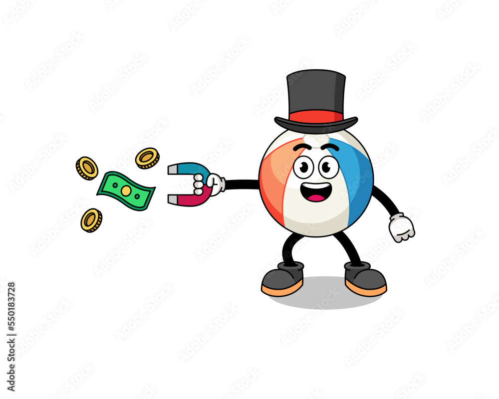 Character Illustration of beach ball catching money with a magnet